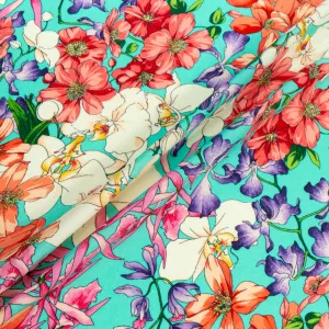 Vibrant Multi-Coloured Floral Printed Turquoise Wool Challis