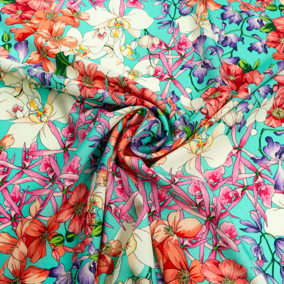 Vibrant Multi-Coloured Floral Printed Turquoise Wool Challis