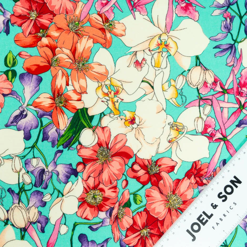Vibrant Multi-Coloured Floral Printed Turquoise Wool Challis