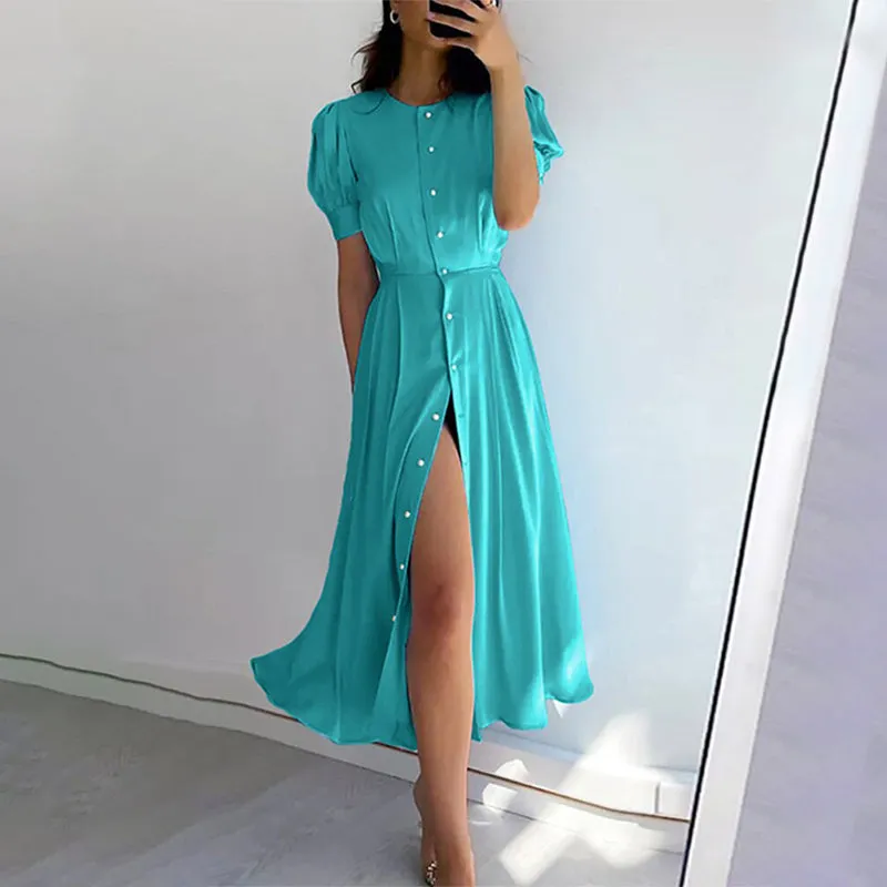 Vibrant Puff Sleeve Button Down Casual Summer Dress