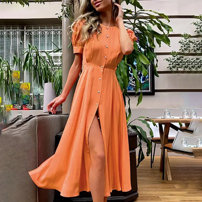 Vibrant Puff Sleeve Button Down Casual Summer Dress