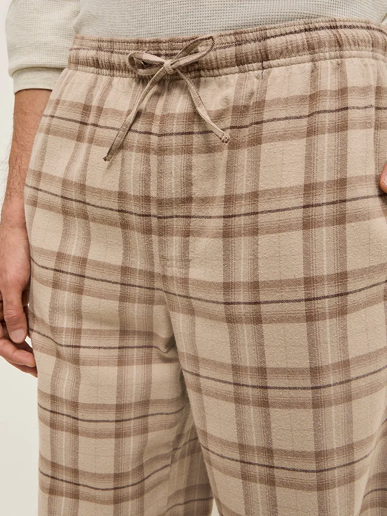 WES Lounge Beige Checks Print Mid-Rise Relaxed-Fit Cotton Pants
