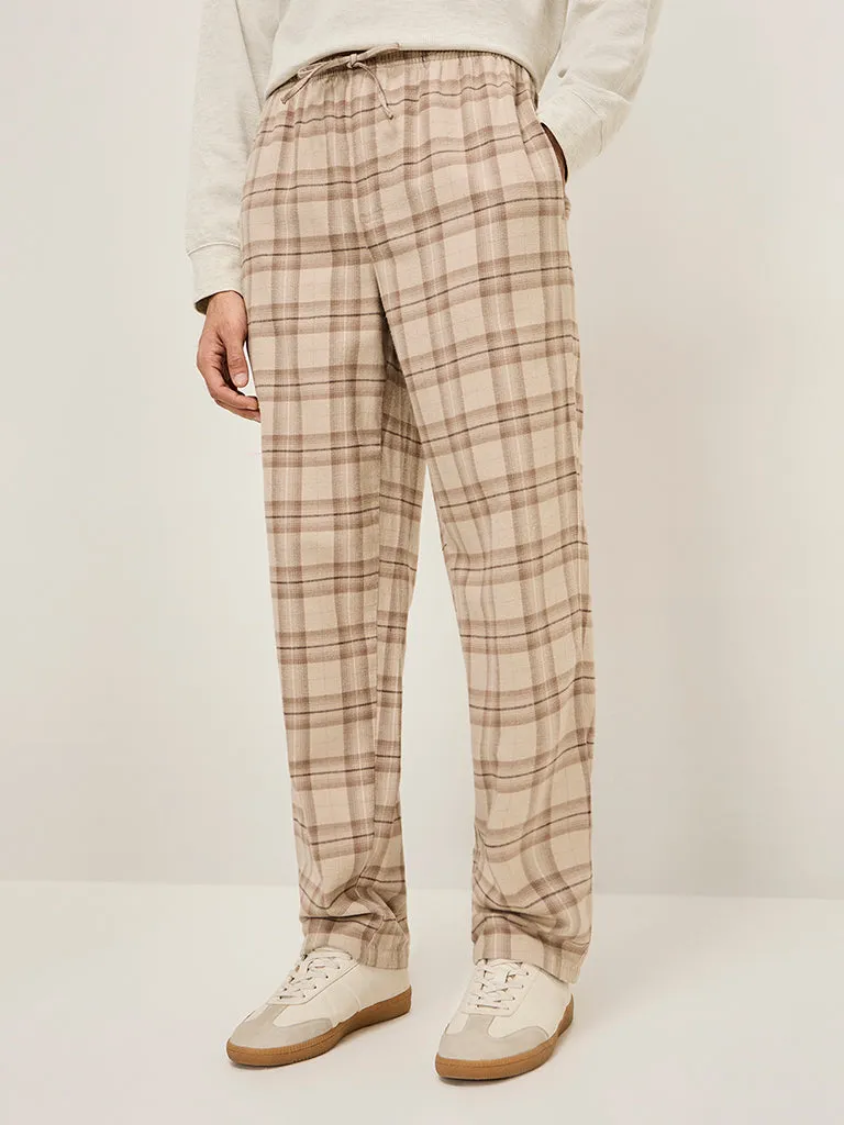 WES Lounge Beige Checks Print Mid-Rise Relaxed-Fit Cotton Pants