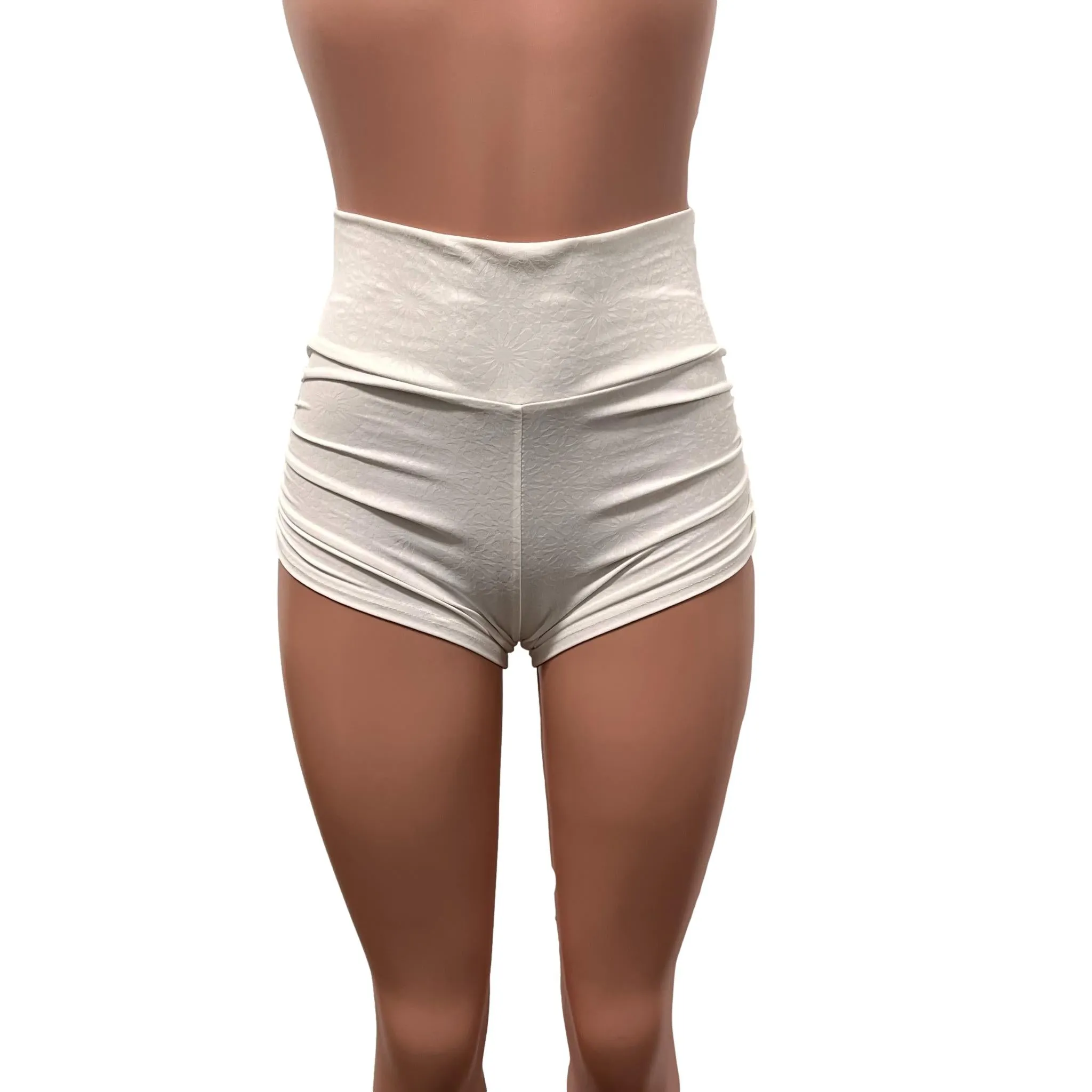 White Embossed Ruched Booty Shorts - Choose Low-Rise, Mid-Rise, Or High-Waist