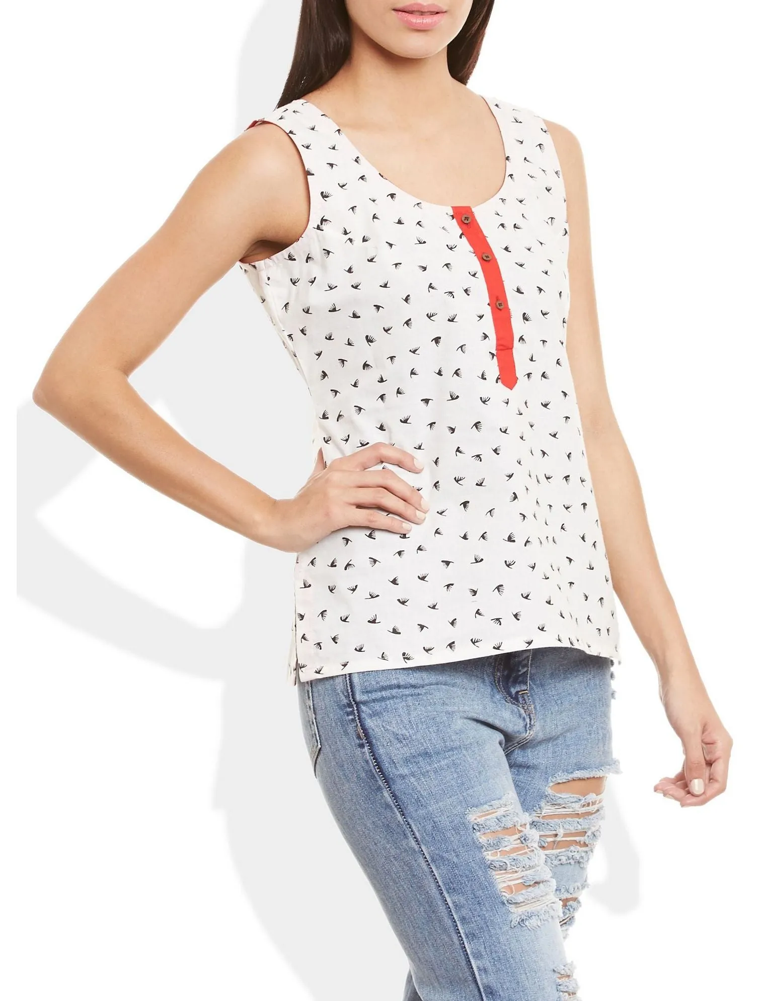 Womens Cotton Printed Short Top Kurti Sleeveless With Contrast Placket And Buttons,3X-Large,W-CST42-3112