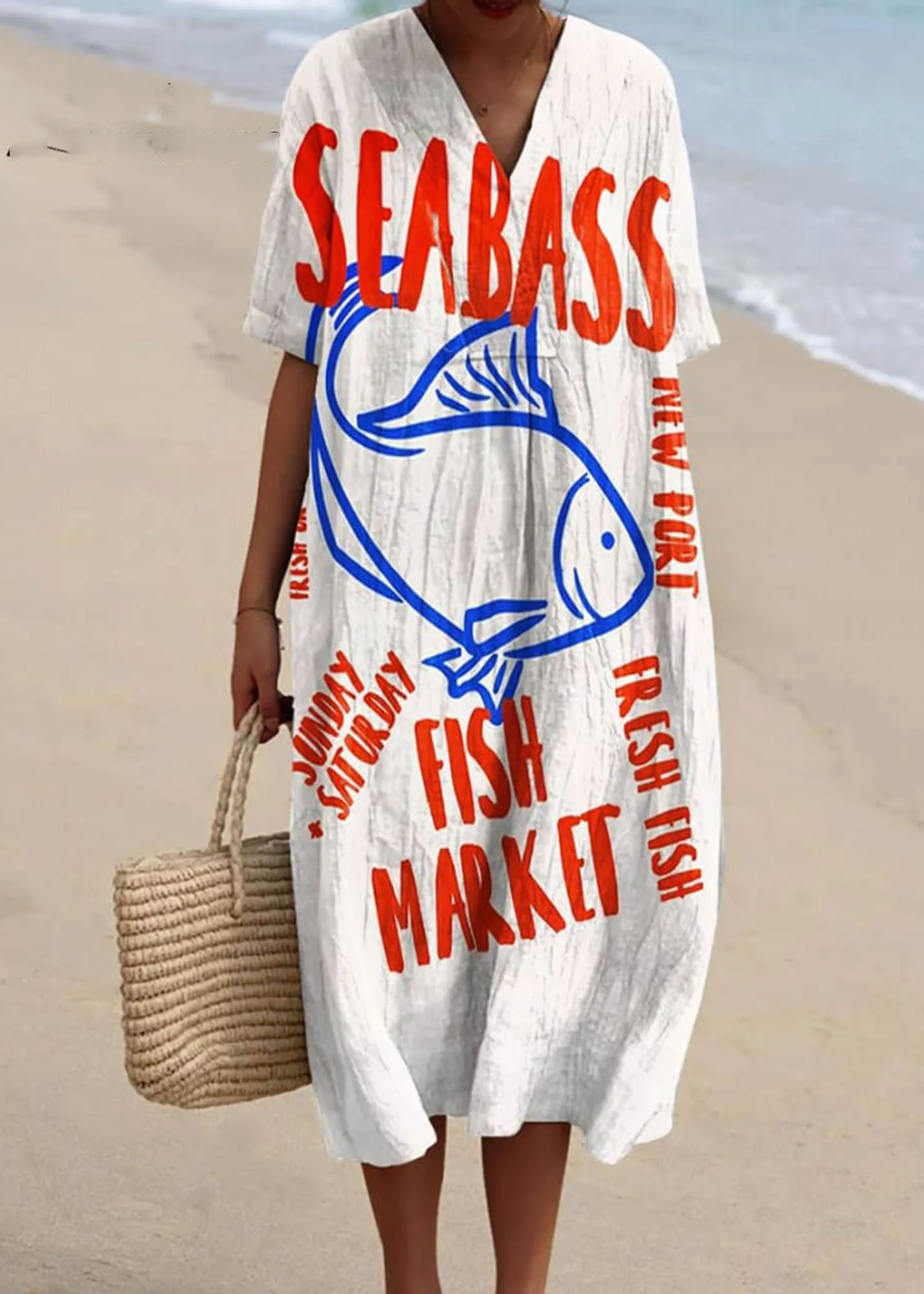 Women's Vintage Fish Sardine Art Print Flowy Dress