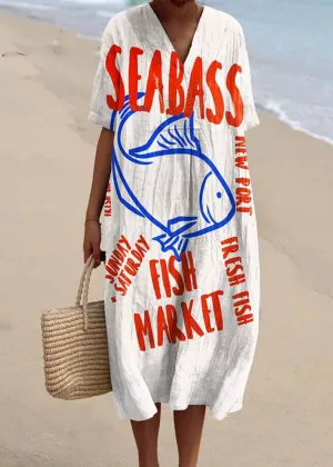 Women's Vintage Fish Sardine Art Print Flowy Dress